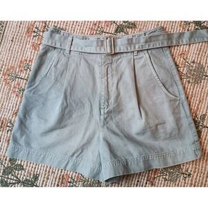 Zara Hi Rise Pleated Front Belted Chino LightBlue Denim Shorts Sz M Casual Sleek